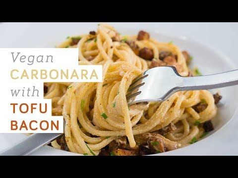 Vegan carbonara with tofu bacon recipe - no mushrooms, plantbased, dairy-free and easy to make!