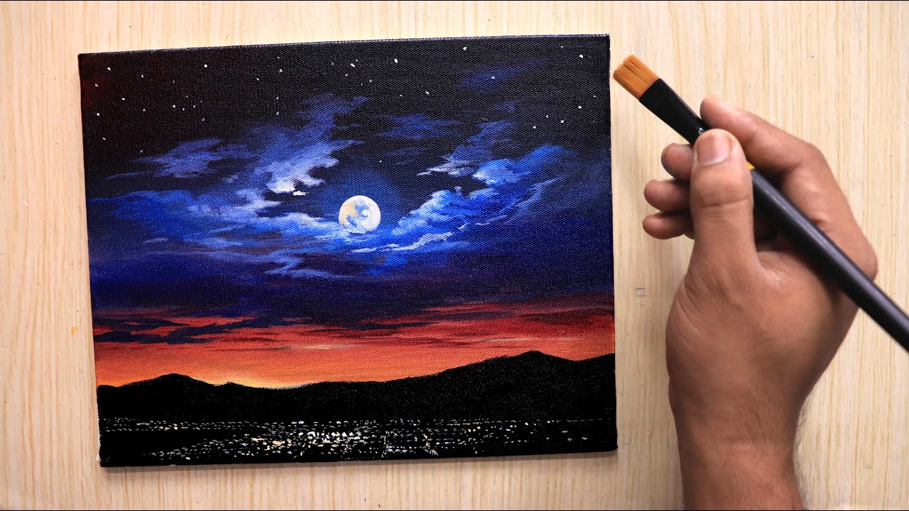 Acrylic painting of romantic moonlight sky tutorial