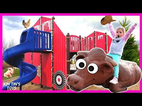 Kin Tin Plays Pretend with Different Farm Animals at a Playground!! Farmer in the Dell Song