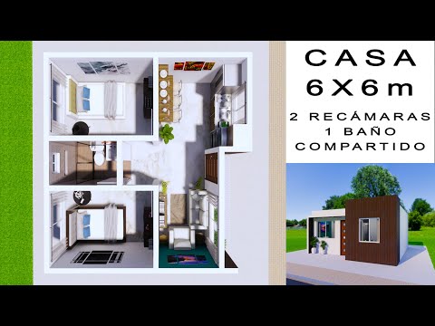 Plano de casa 6x6 metros con dos recamaras y  1 baño | Desain rumah 6x6 | Small house design 6x6