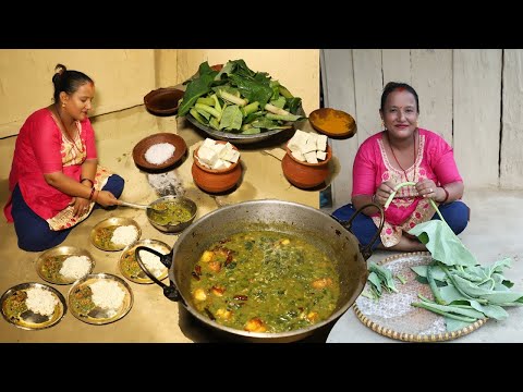 Paneer & Karkalo Gava Cooking And Eating || Green Taro Leaves Recipe || Karkali Gava Village Food