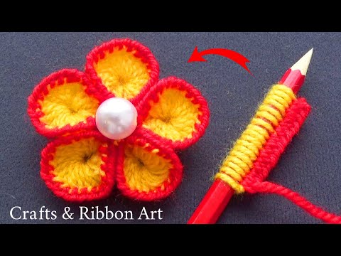 Super Easy Woolen Craft Ideas with Pencil - Hand Embroidery Amazing Trick - DIY Woolen Flowers