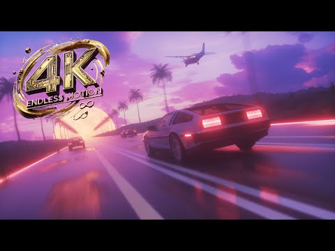 Retro Neon Highway – DeLorean & Classic Cars Drive Under Synthwave Sunset | 4K Loop