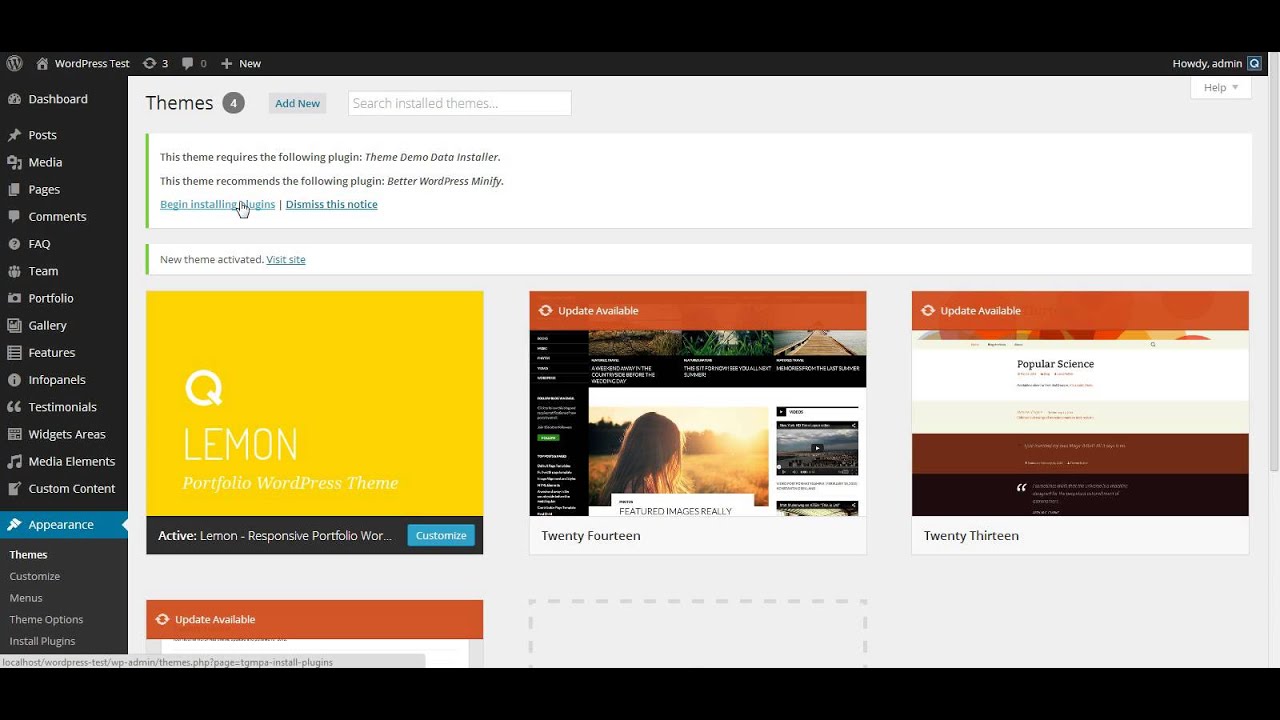 Lemon - Responsive Porfolio Wordpress Theme: Installing theme