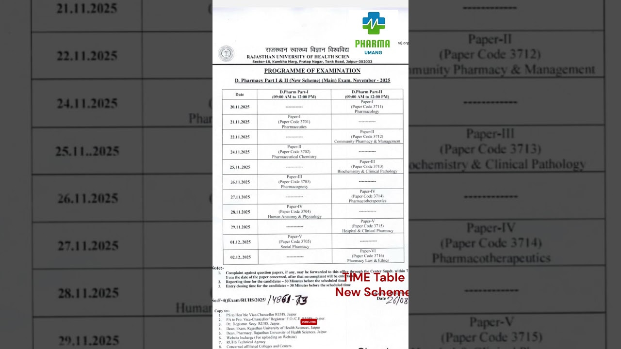 Time Table Main Exam | D Pharmacy | New Scheme #newscheme #dpharmacy #2025 #timetable2025 #ruhs