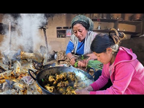 Simple village life | Mother & daughter cooking traditional buffalo curry in peaceful rural nature.