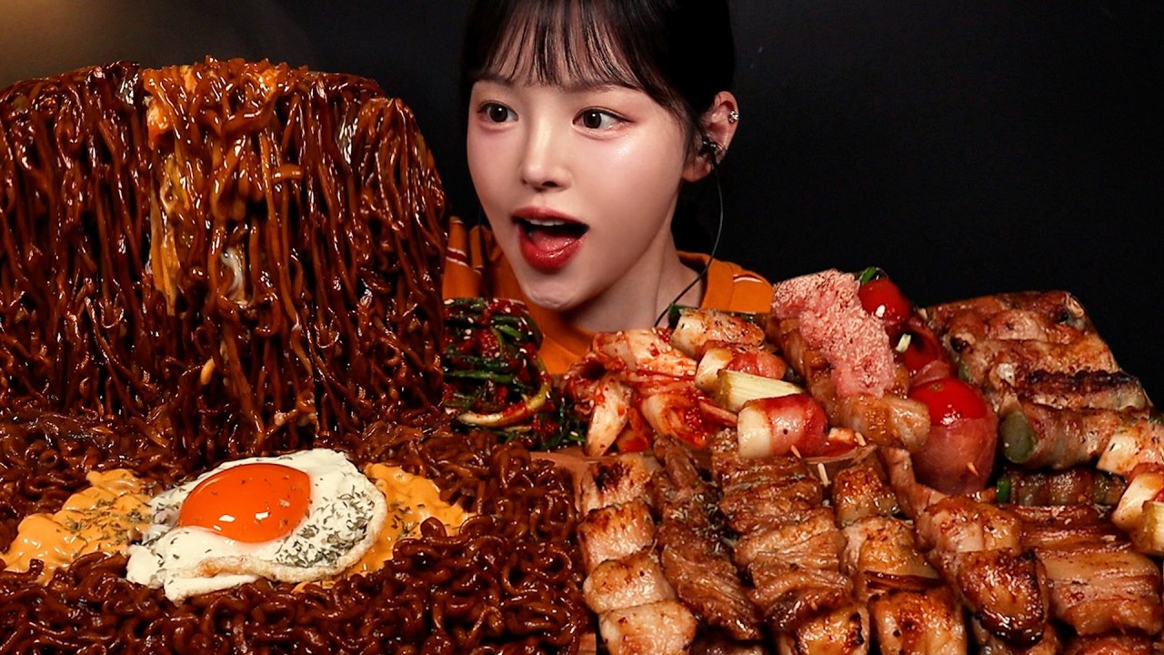 SUB)육즙팡팡 닭꼬치에 짜계치 먹방! 삼겹살 팽이버섯베이컨까지 짜파게티 파김치 라면 꿀조합 Jjapagetti & S
