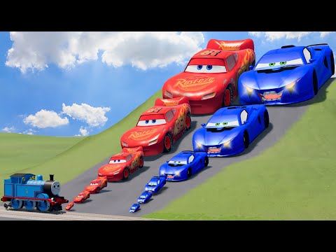 Big & Small Blue Flip vs Big & Small Lightning Mcqueen vs Thomas the Tank Engine Train | BeamNGDrive