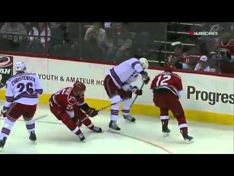 NHL Eric Staal Huge Hit on Brother Marc Staal 2/22/11