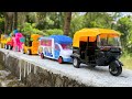 Driving Realistic Toy CNG Autorickshaw, Food Selling Van, Crane & Bicycle by Hand on the Outer Wall
