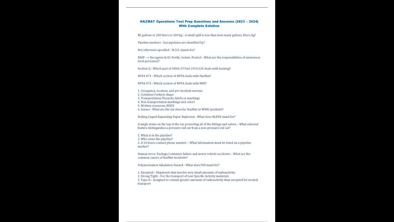 HAZMAT Operations Test Prep Questions and Answers  2023 – 2024  With Complete Solution