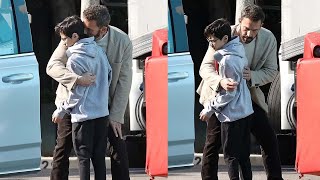 Ben Affleck loving stepfather hugs Jennifer Lopez's wife's son Max during a studio visit in LA