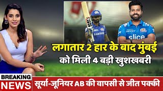 MI vs KKR: 4 Good News For MI | Suryakumar Yadav | Dewald Brevis | Mumbai Indians Playing XI vs KKR