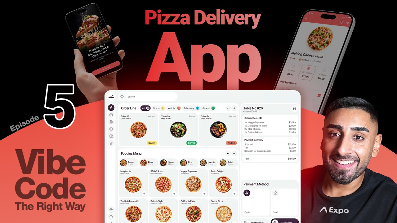 🟢 Let's Vibe Code a Pizza Delivery App with AI! | Beginner Series Ep #5 (Expo, Cursor, CMS, Clerk)