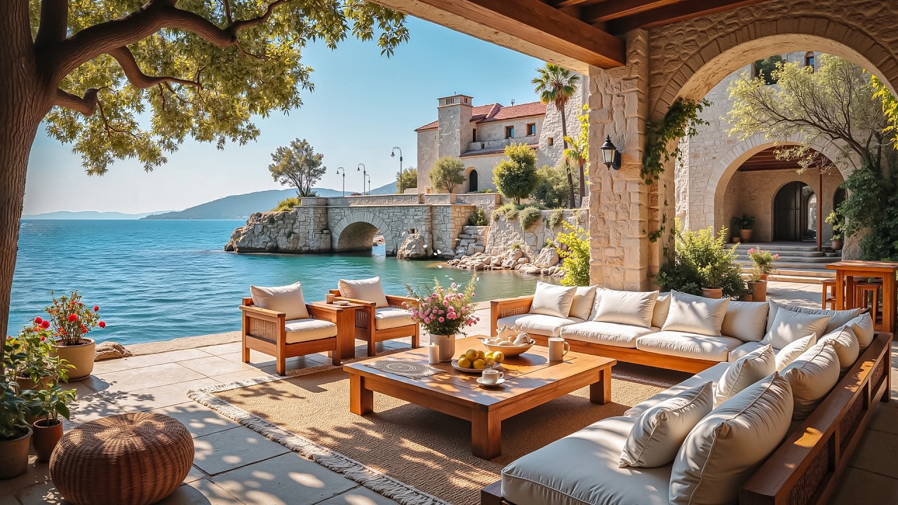 Mediterranean Arch Villa Jazz 🌊 Serene Ocean Terrace & Luxury Coastal Ambience