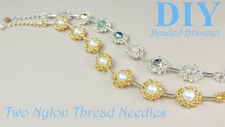 【Tutorial 50】DIY bead bracelet with my own beading needles made by nylon threadビーズステッチ糸でテグス編み｜对称串珠