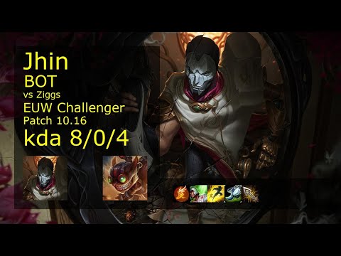 Jhin ADC vs Ziggs - EUW Challenger 8/0/4 Patch 10.16 Gameplay