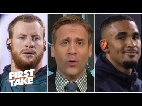 卡森-溫茨已經結束了！--馬克斯-凱勒曼對溫茨因杰倫-赫茲而被禁賽的反應--《第一視角》。 ('Carson Wentz is over!' - Max Kellerman reacts to Wentz being benched for Jalen Hurts | First Take)