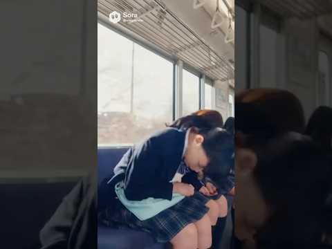 日本の電車内で居眠りする女子高校生