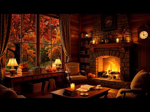 Smooth Jazz Music & Fireplace Sounds in Cozy Autumn Cabin Ambience 🍂 Relaxing Jazz to Work, Study