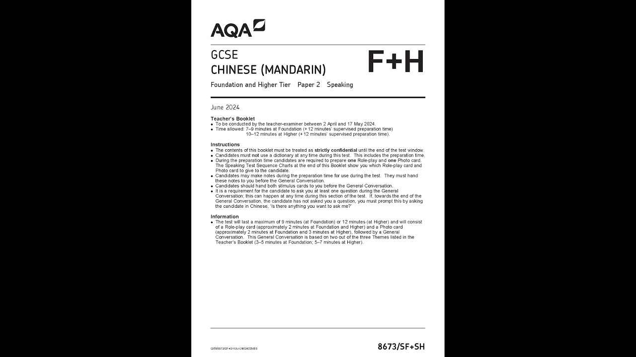 2024 AQA GCSE CHINESE (MANDARIN) QUESTION PAPER 2 (8673/SF+SH: Foundation and Higher Tier Speaking).
