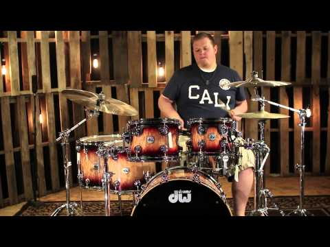 DW Drums Collectors Natural To Red Pearl Burst Over Quilted Maple With Chrome Hardware