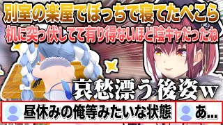 別室の楽屋で机に突っ伏して1人ぼっちで寝てるぺこらの背中に哀愁を感じる宝鐘マリンw【切り抜き/ホロライブ】