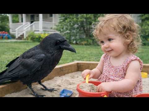 Baby Meets A Friendly CROW… Cutest Moment Ever ❤️🐦‍⬛
