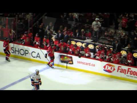 Mika Zibanejad scores a goal during the Islanders @ Senators hockey game