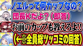 全員にカップ数を聞いて回るぺこらに逆質問した結果返ってきた回答に鋭いツッコミを入れる宝鐘マリン達ｗ【ホロライブ 切り抜き Vtuber ホロライブ正解は一年後 兎田ぺこら/不知火フレア/白銀ノエル/】