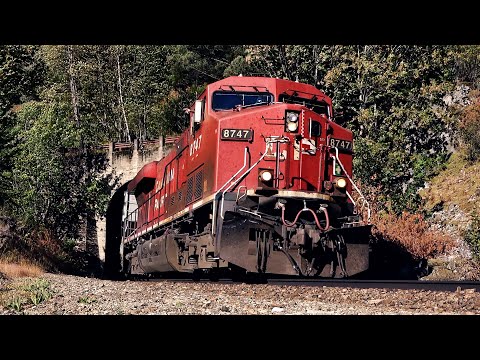 CP & CN Empty Trains Over Rail Lubricator Before Squeaky Curves In Tunnels Along The Fraser Canyon!