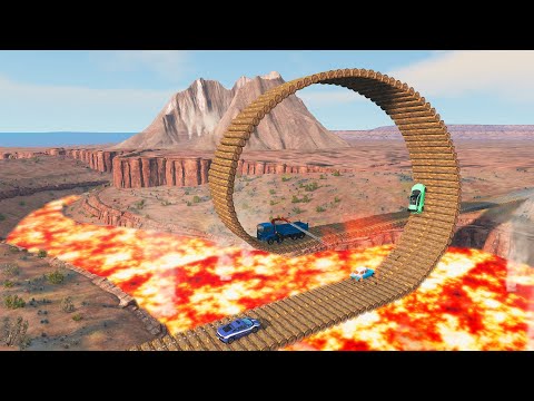 Dancing Cars on Long Loop Bridge VIN.E36 - Crane Rescue Stuck Cars vs Deep Lava River - BeamNG.Drive