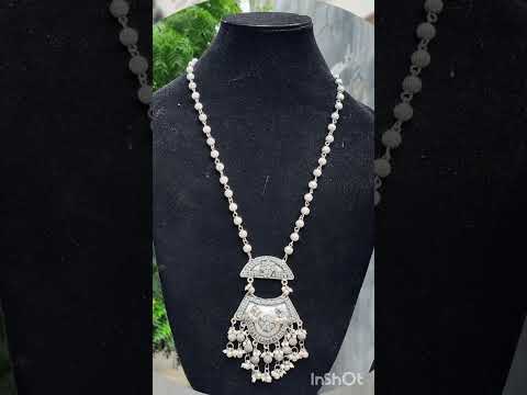 Silver Look Like Premium Quality Stone Work Partywear Long Necklace Set