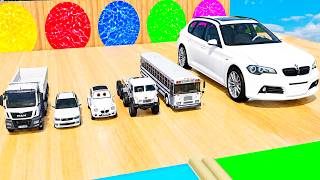 Tractor, Big Wheels, Concrete Mixer vs Stairs w Colors Pool - Crane Truck Rescue Cars - BeamNG #84