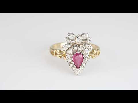 Victorian Style 9ct Gold Ruby & Diamond Heart & Bow Ring - RS1377N