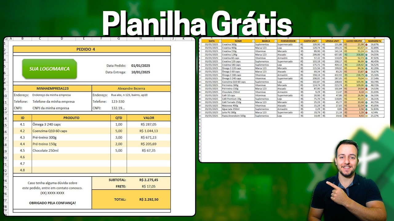 Planilha Excel de Pedido, Orçamento, Produtos, Venda, Precificação...