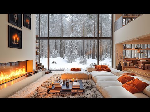 Cozy Living Room on Winter Morning with Snowing ❄ Relaxing Jazz Music in Warm Fireplace Ambience