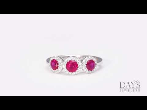 Three Stone Ruby Ring in 14kt White Gold with Diamond Halo (1/5ct tw)