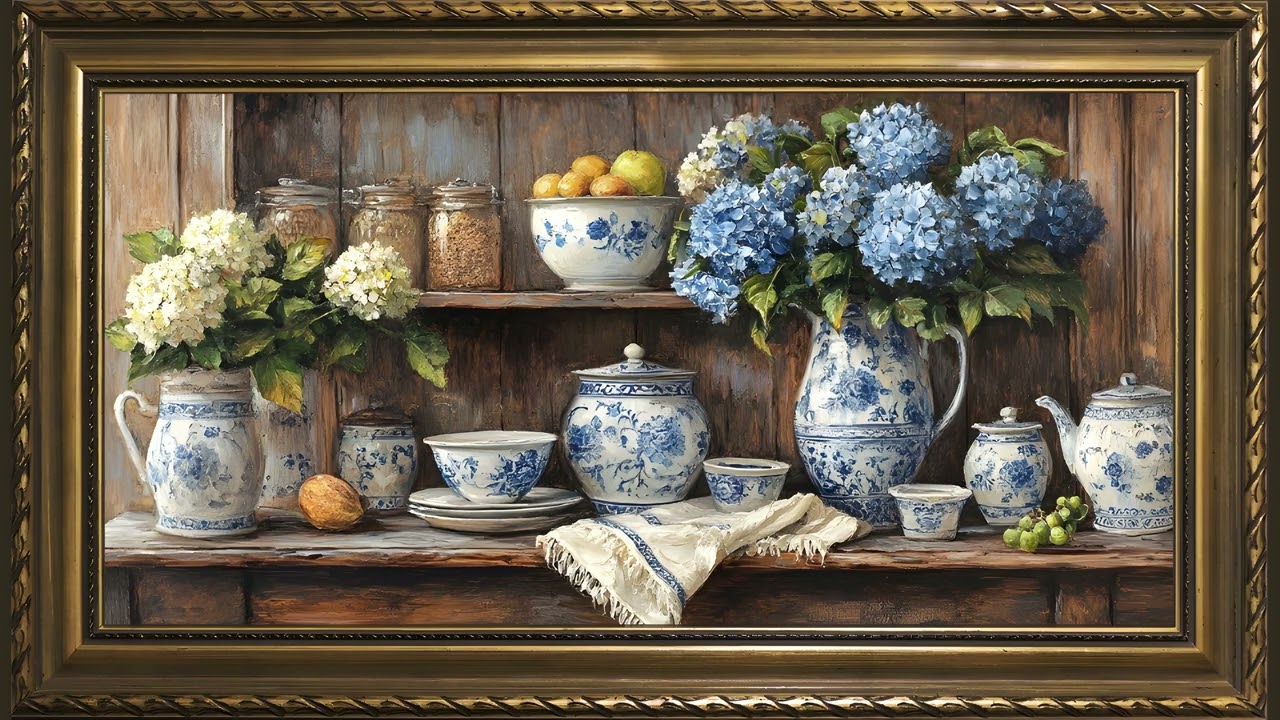 Hydrangeas and Porcelains, Rustic Vintage Oil Painting | Gold Framed TV Art Screensaver
