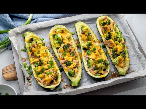 Low-Carb Stuffed Zucchini Boat Recipe [Broccoli, Chicken & Cheese]