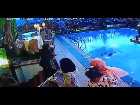 Breakfast Buffet in Hotel fail. Woman Falls Into a Pool
