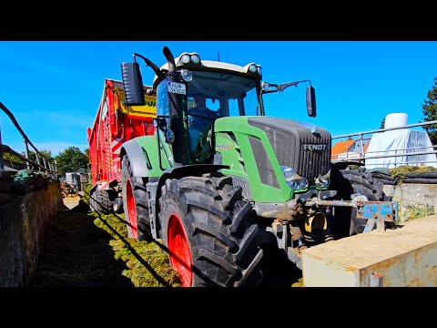 Fendt 828 die Kampfsau im Silo mit JUMBO Tridem von Pöttinger bei Grassilage im Sommer 2023