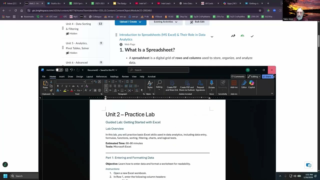 Data Analytics 1 - Unit 2 Lecture/Demo - Intro to Spreadsheets (Excel) - Spring 2026