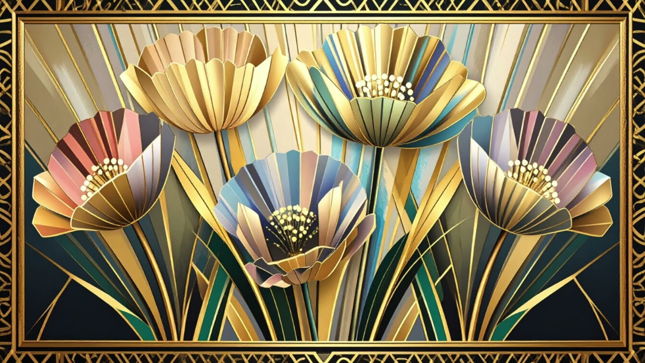 Modern Art Deco Flower Painting in Golden Frame 4K Digital TV Art Screensaver Wallpaper Background