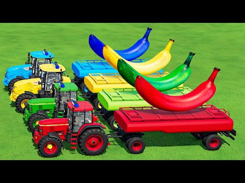TRANSPORT  BANANA & ICE CREAM WITH JOHN DEERE & COLORED TRAILERS & TESLA TRUCK! FS22