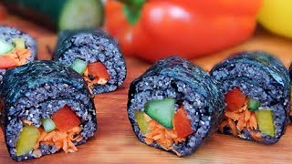 RAW VEGAN NORI  ROLLS with RAW BLACK RICE (real rice for raw vegans) + VEGAN SESAME SAUCE - NO OIL!