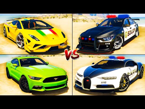 Lamborghini Gallardo vs Police Bugatti Chiron vs Ford Mustang vs BMW - GTA 5 Mods Which car is best?