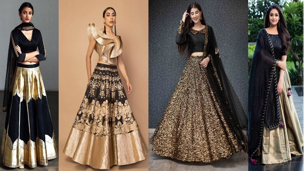 Classy Black And Golden Combinations Lehenga Designs||Golden And Black Lehenga Designs For Wedding