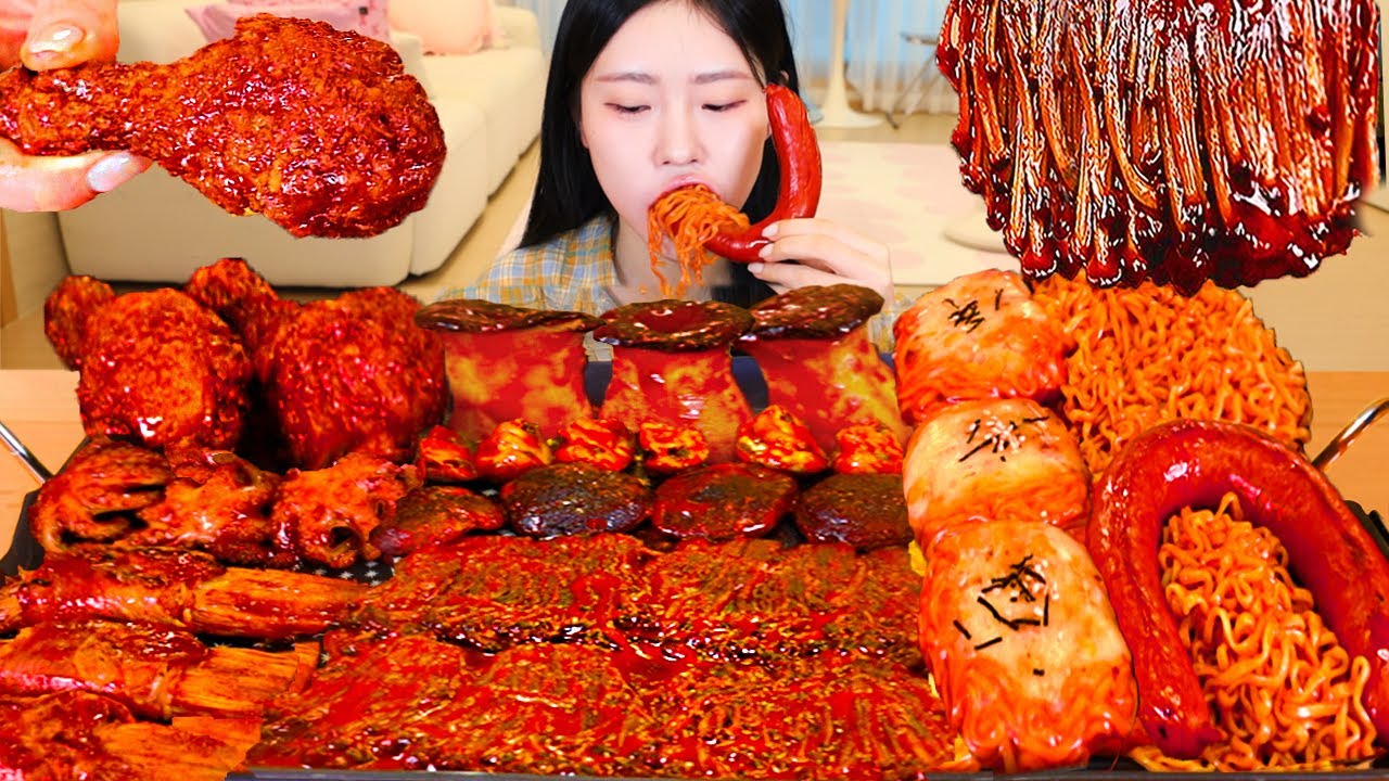 ASMR MUKBANG| 직접 만든 불닭 버섯 불닭볶음면 소세지 양념치킨 먹방 & 레시피 SPICY MUSHROOMS AND FIRE NOODLESEATING