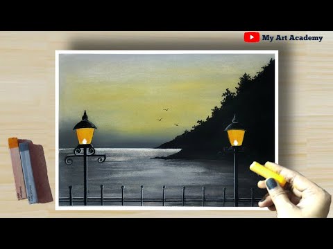 Soft Pastel Drawing - How to Draw Realistic Sunset Scenery (step by step) for beginners Painting.